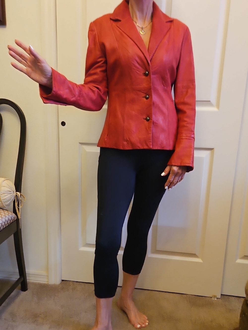 Sleek Red Leather Blazer with Notch Collar